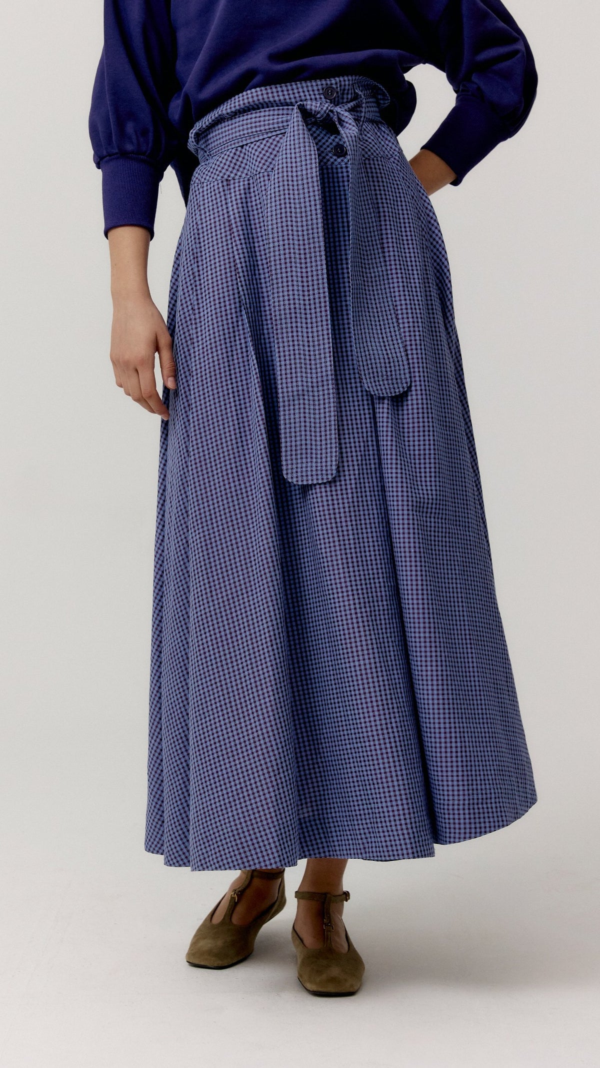 Falda Mille Lavender Checks de Biscuit, detalle frontal.
