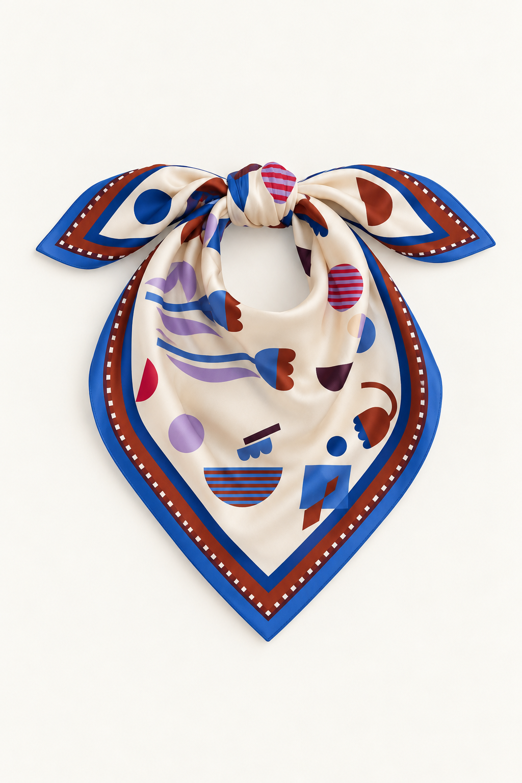 Pañuelo Lavender anudado tipo bandana, estampado geométrico en tonos azul y lavanda
